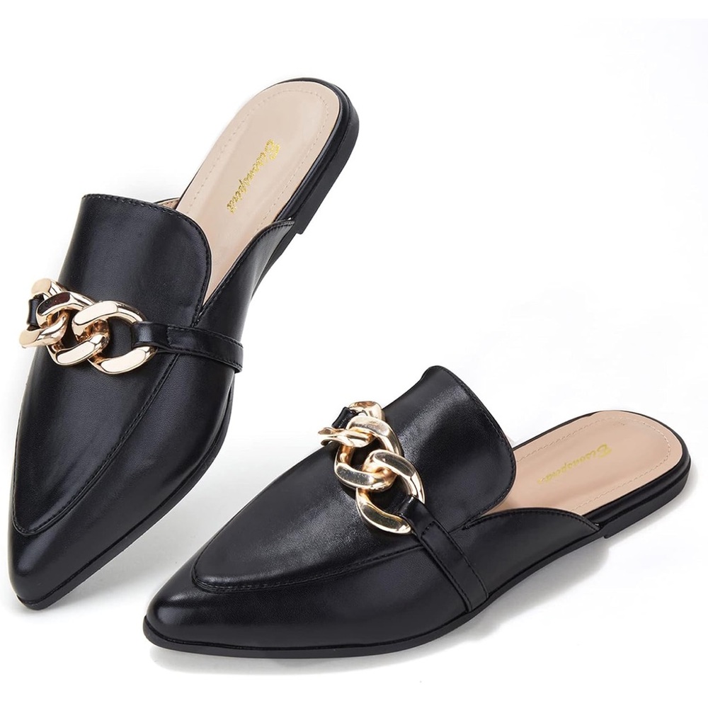 Gold Chain Design Black Mules